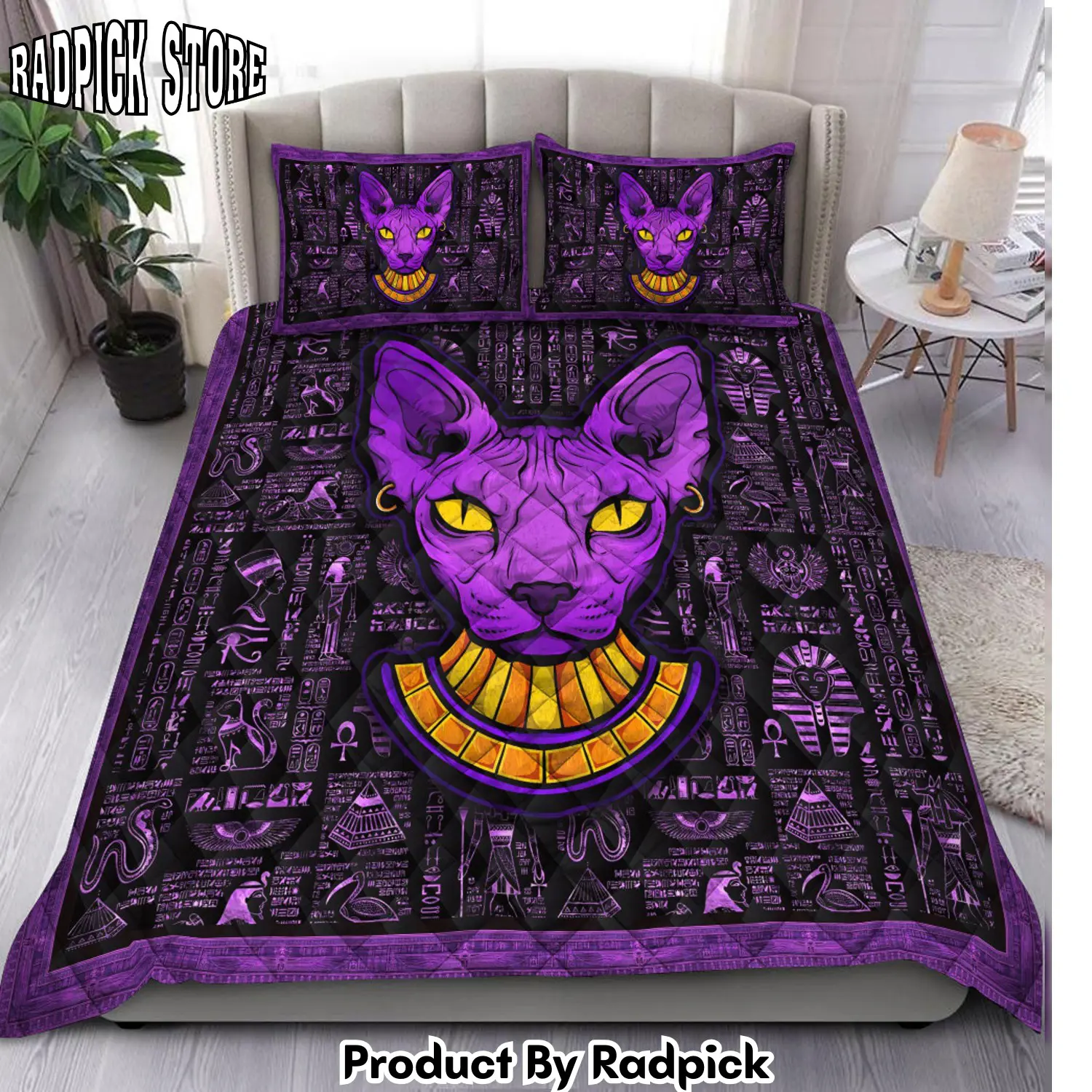 Radpick sphynx cat egypt all over printed quilt bedding set rp3272104